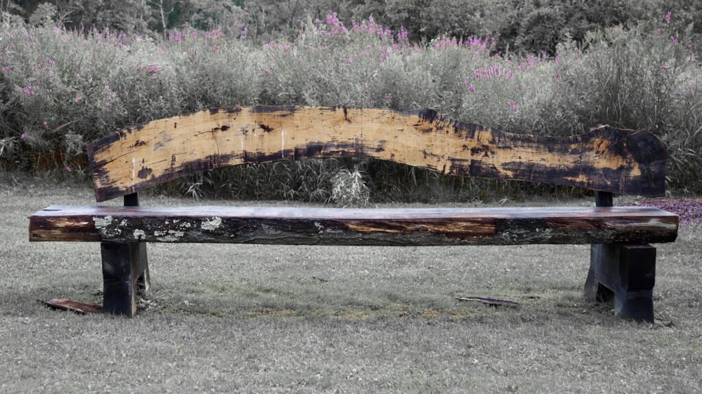 A long, minimalist park bench hand-crafted from weathered, sawed logs, showcasing an irregular shape and natural imperfections.