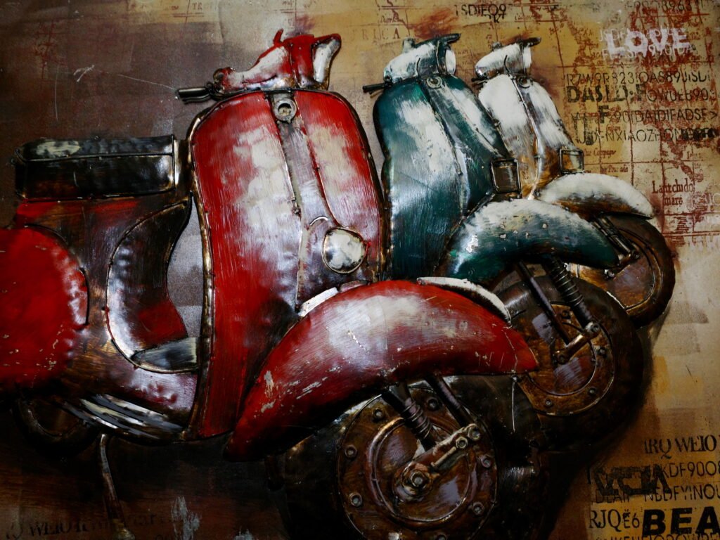 Classic vintage row of red, green, and white Italian scooters with a faded and rustic metallic sheen.