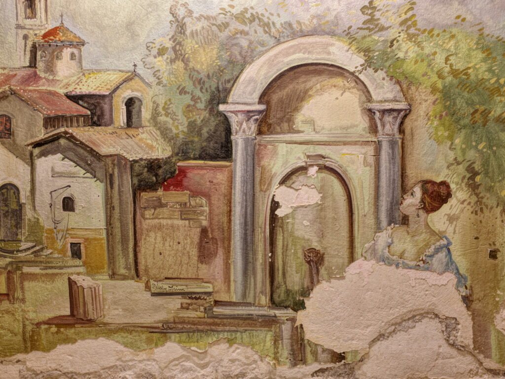 Old and fading picture painted on a restaurant wall of a rustic Italian village, with sections peeled away.