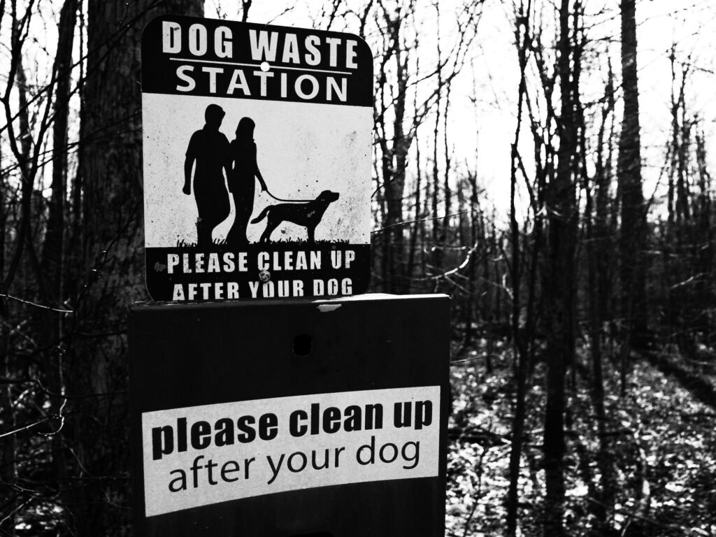 A gritty black and white image of a sign with a picture of a couple walking a dog and stark woods with bare trees in the background. The sign indicates a dog waste station and reminds people to clean up after their dogs.