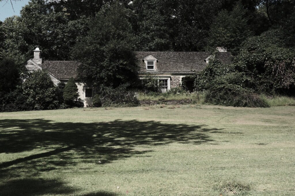 A rural stone house being consumed by trees and bushes can be seen across a shadow-covered green lawn.