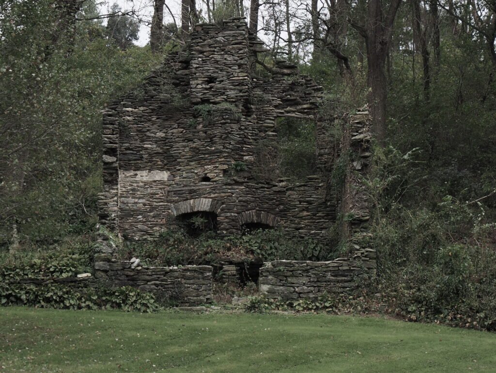 A wabi-sabi crumbling stone wall is all that's left of a building in a green rural setting with green grass in the foreground and thick brush and trees in the background.