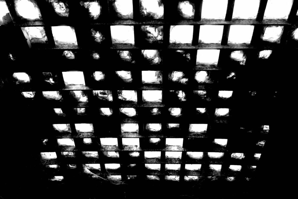 Overhead skylight with a pattern of square sections revealing shadows and light, expressed in black and white.
